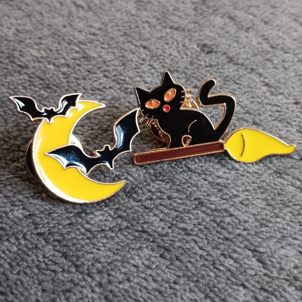 Witchy Black Cat & Moon Bats Metal Enamel Pin Set, Gothic Halloween Brooches